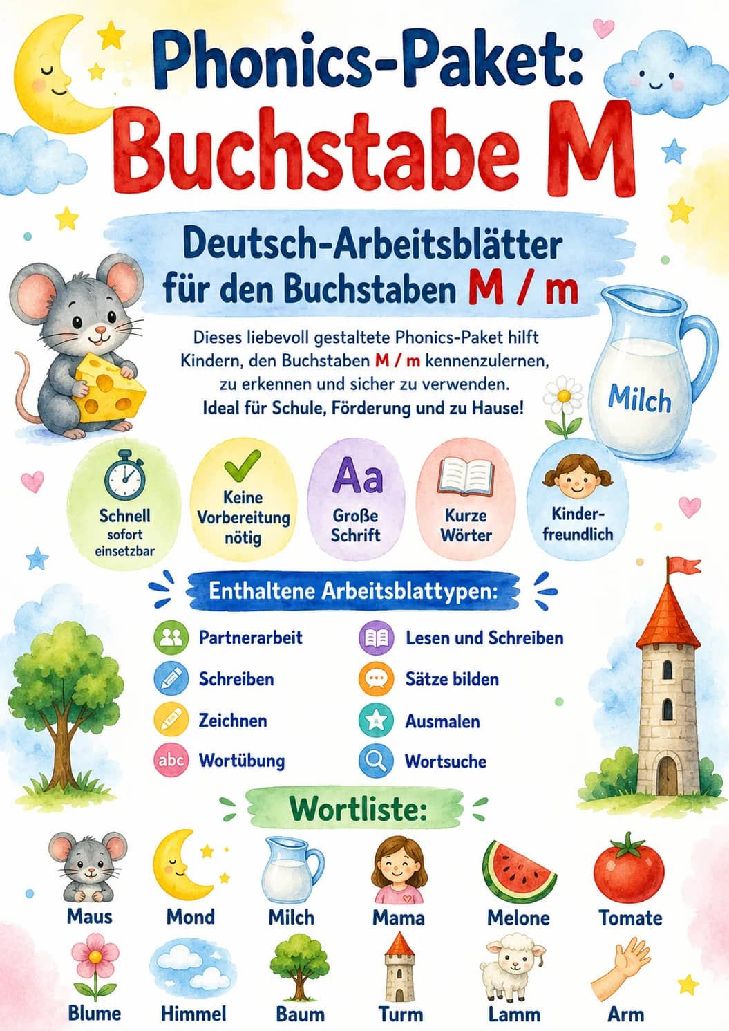 German Letter M Phonics Worksheets Pack printable worksheet pack preview from KiwiBee
