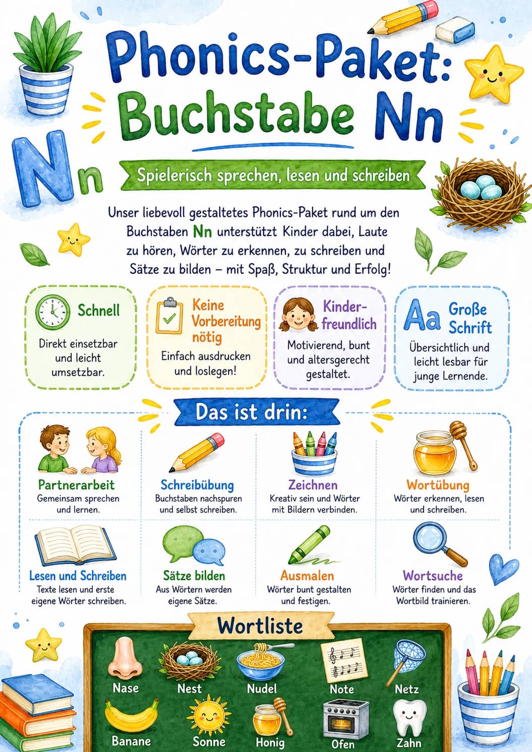 German Letter N Phonics Worksheets Pack printable worksheet pack preview from KiwiBee