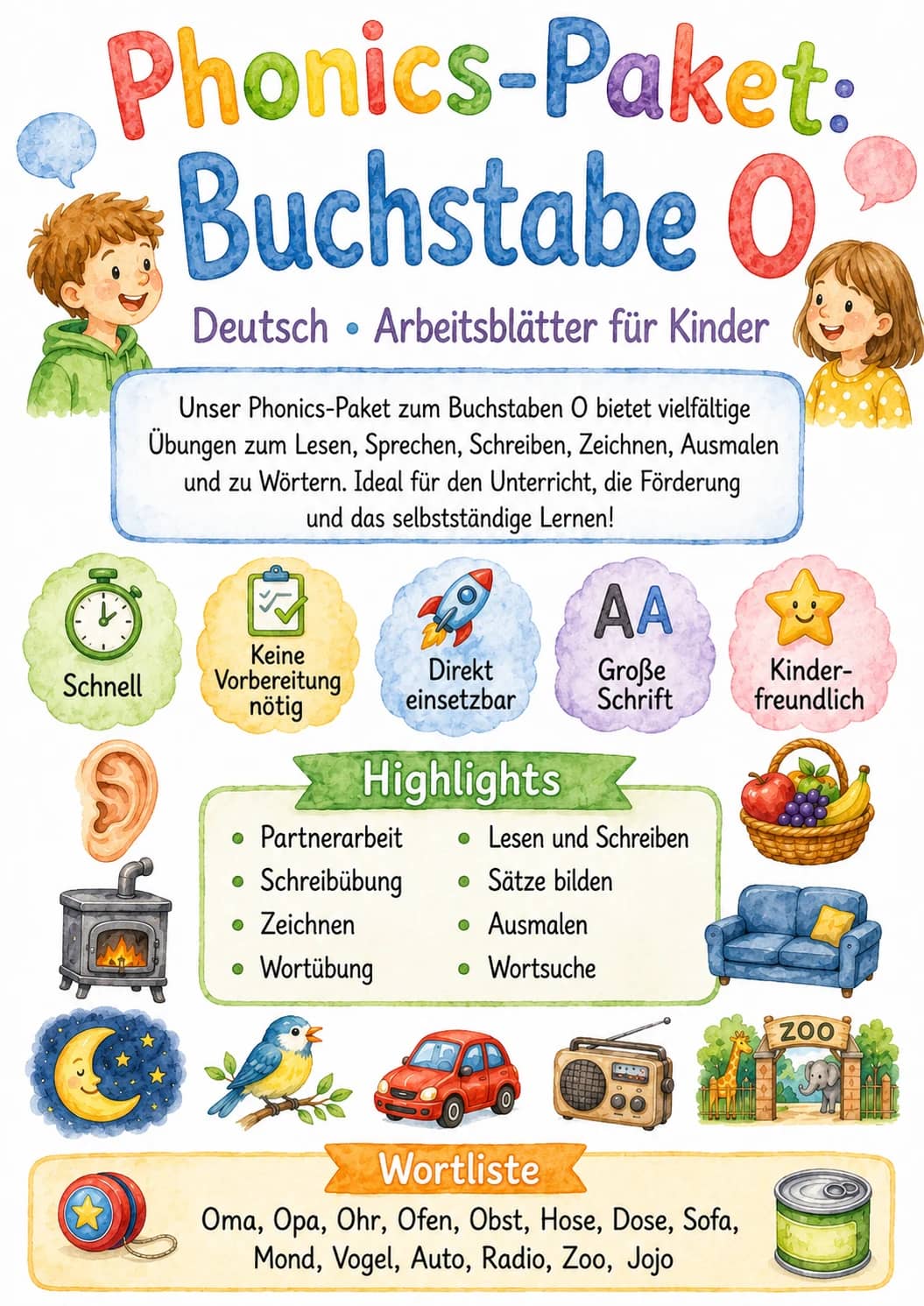 German Letter O Phonics Worksheets Pack printable worksheet pack preview from KiwiBee
