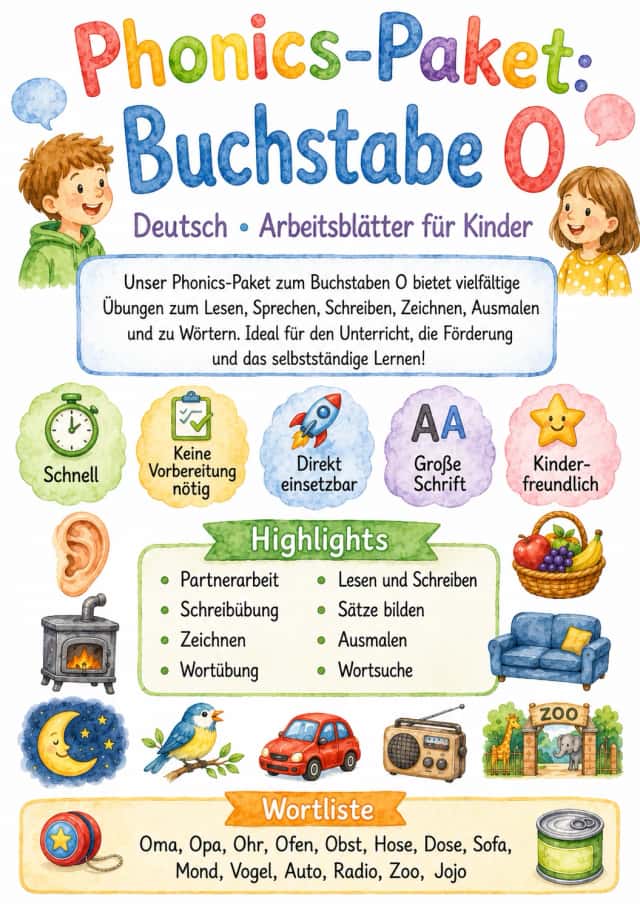 German Letter O Phonics Worksheets Pack