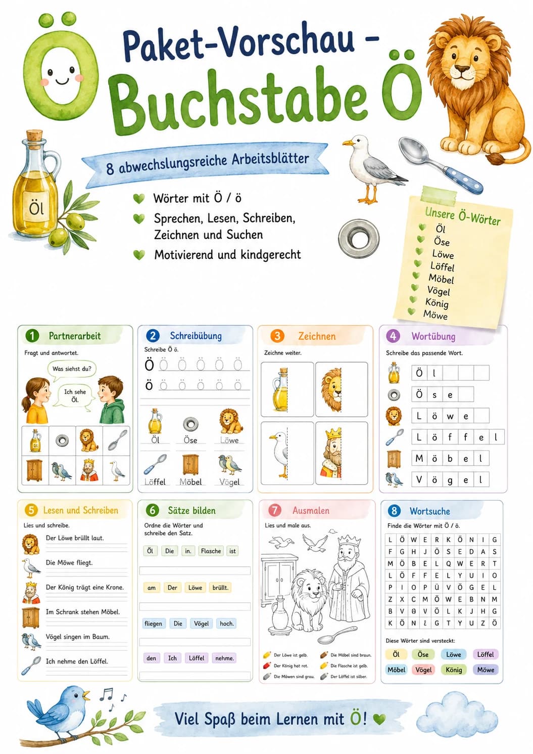 German Letter O Umlaut Phonics Worksheets Pack printable worksheet pack preview from KiwiBee