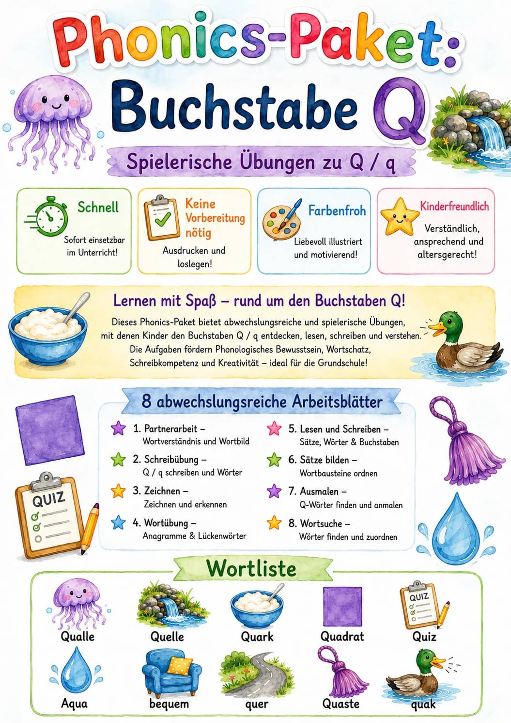 German Letter Q Phonics Worksheets Pack printable worksheet pack preview from KiwiBee