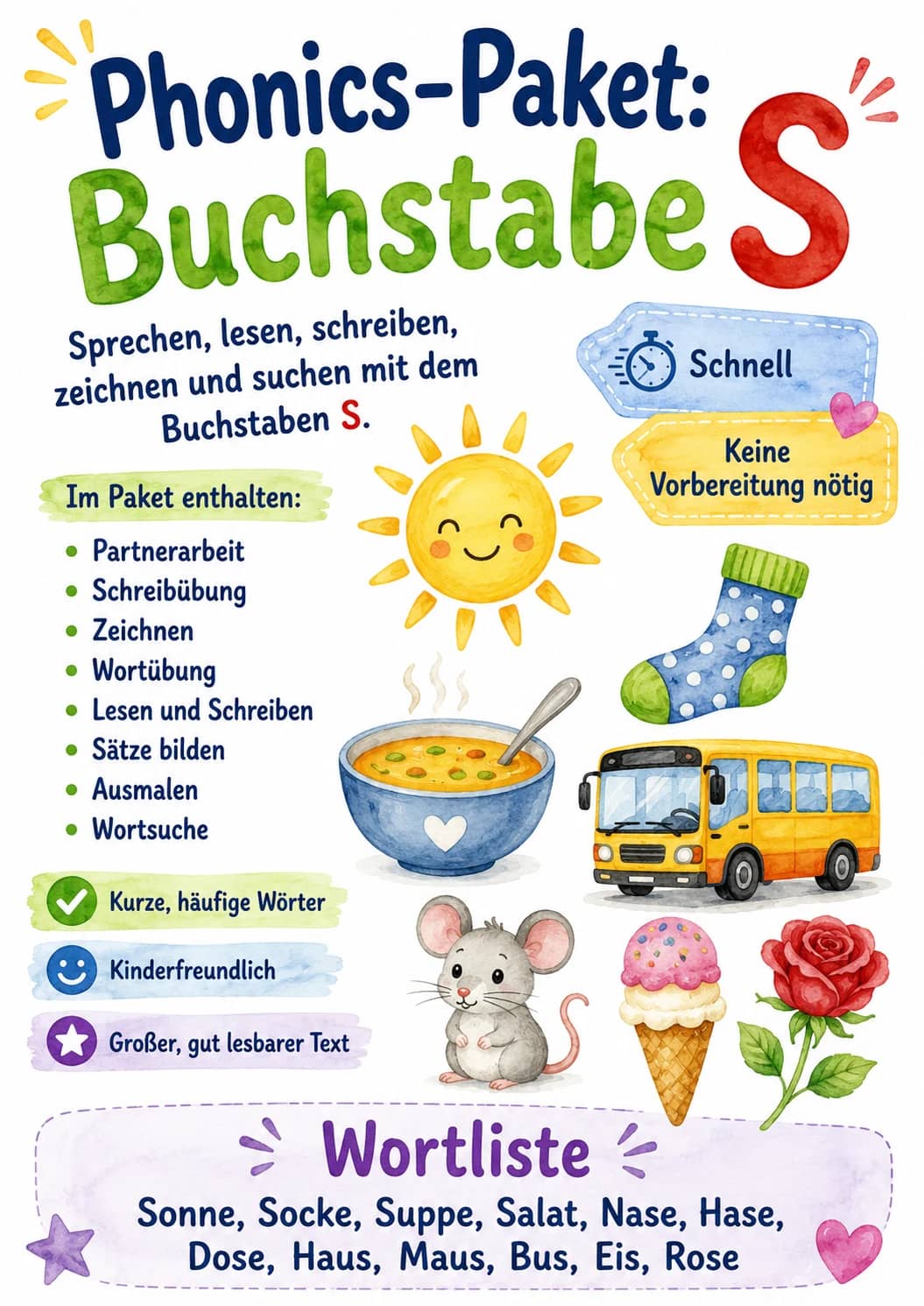 German Letter S Phonics Worksheets Pack printable worksheet pack preview from KiwiBee