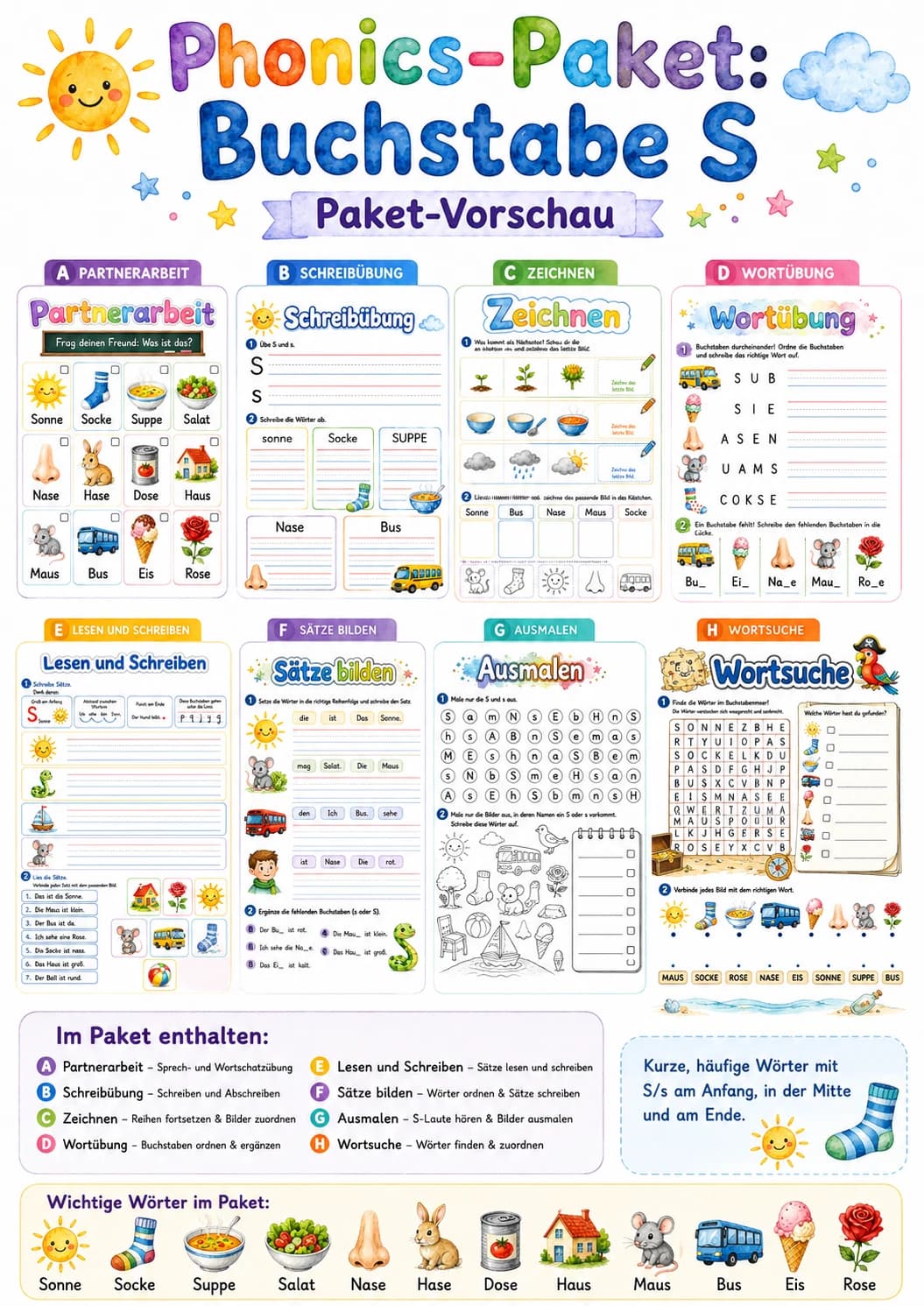 German Letter S Phonics Worksheets Pack page 2 printable worksheet preview