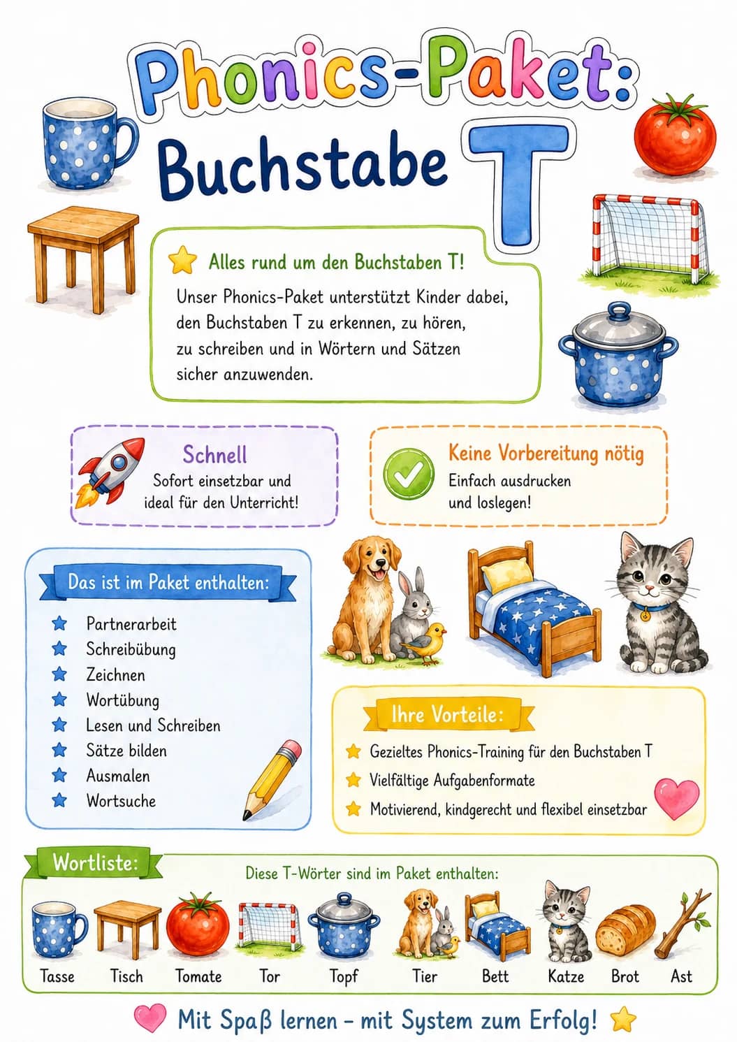 German Letter T Phonics Worksheets Pack printable worksheet pack preview from KiwiBee