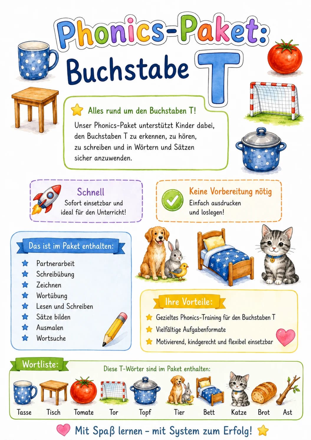 German Letter T Phonics Worksheets Pack printable worksheet pack preview from KiwiBee