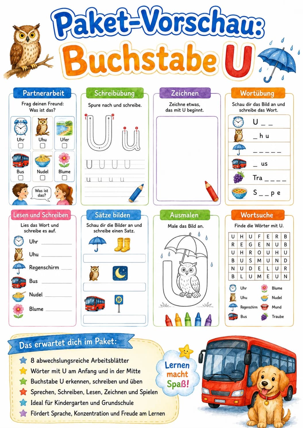 German Letter U Phonics Worksheets Pack page 2 printable worksheet preview
