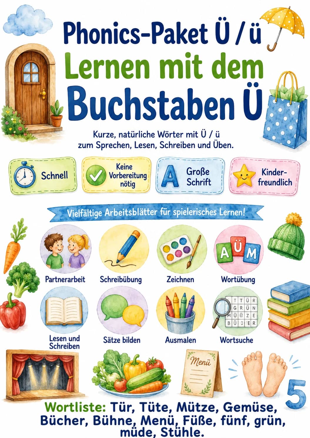 German Letter U Umlaut Phonics Worksheets Pack printable worksheet pack preview from KiwiBee