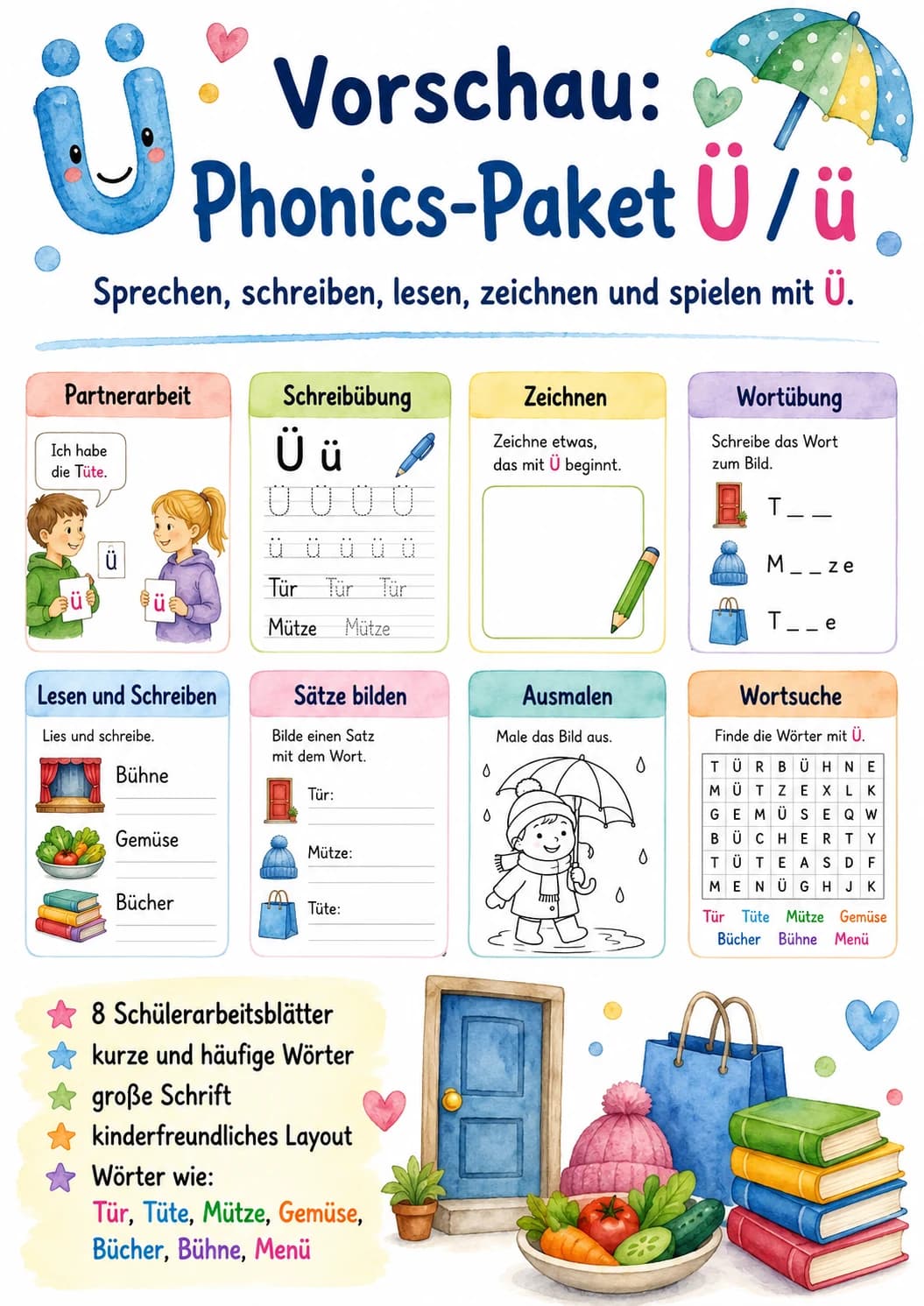 German Letter U Umlaut Phonics Worksheets Pack page 2 printable worksheet preview