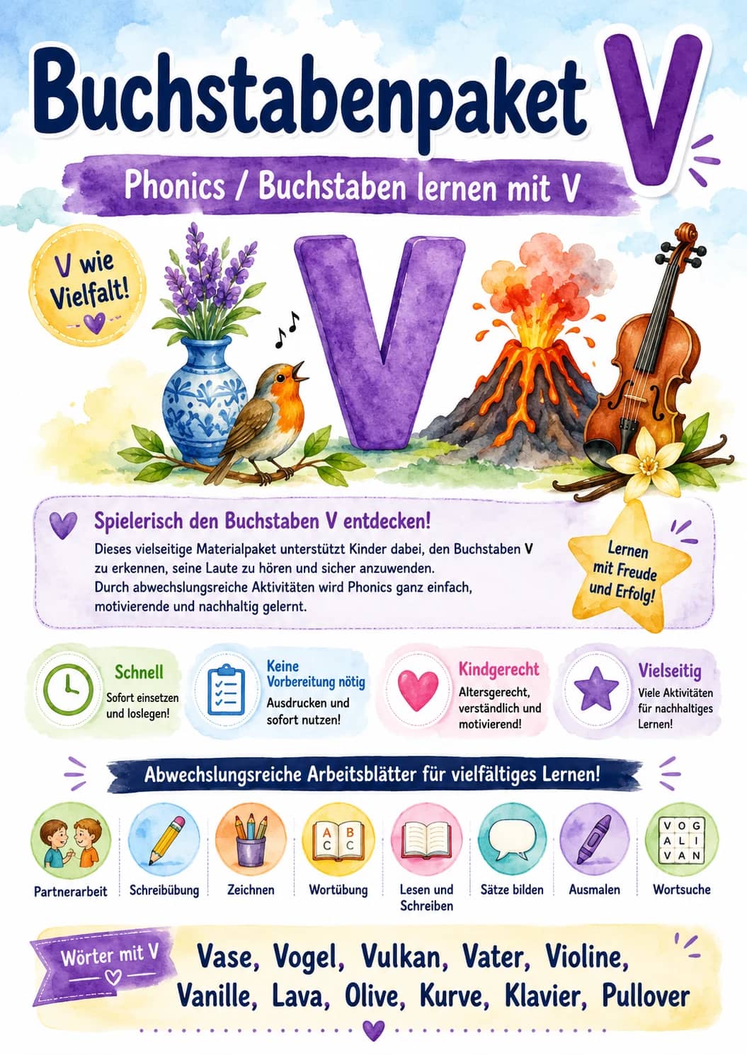 German Letter V Phonics Worksheets Pack printable worksheet pack preview from KiwiBee