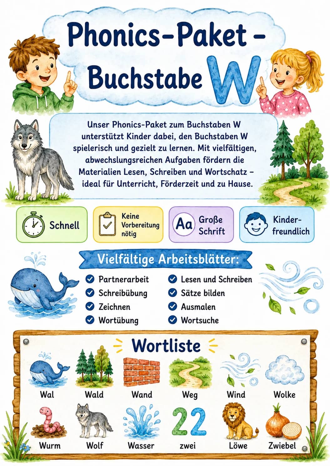 German Letter W Phonics Worksheets Pack printable worksheet pack preview from KiwiBee