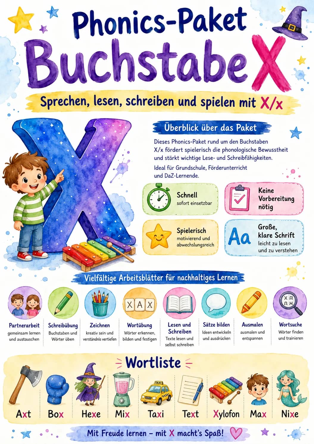 German Letter X Phonics Worksheets Pack printable worksheet pack preview from KiwiBee