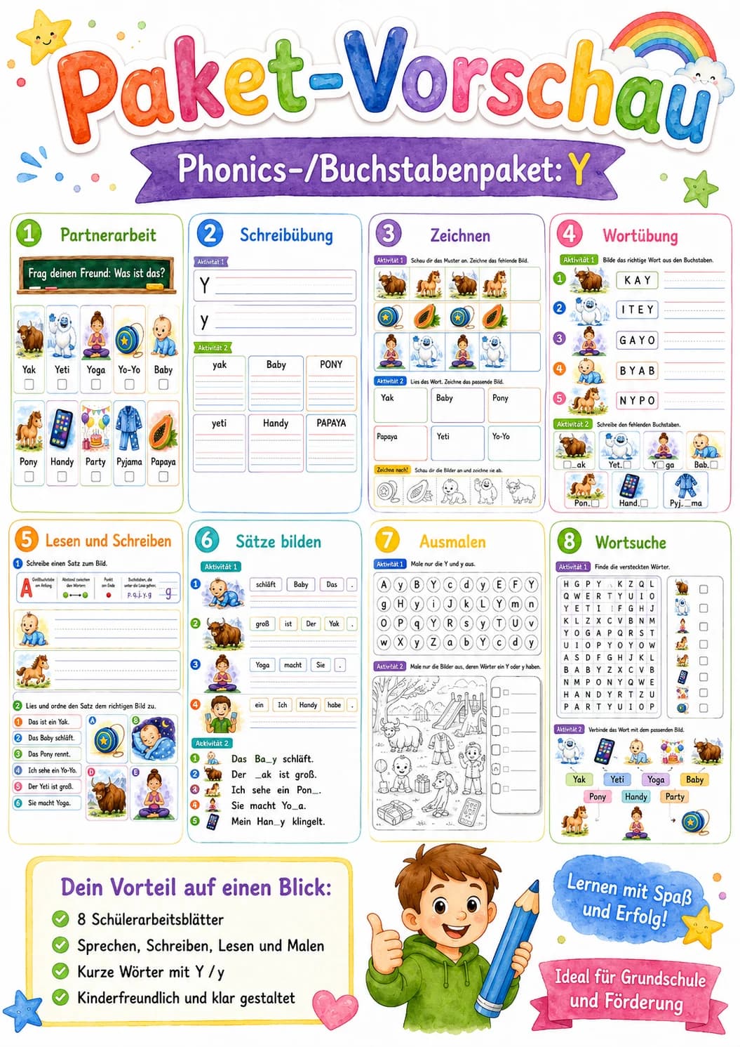 German Letter Y Phonics Worksheets Pack printable worksheet pack preview from KiwiBee