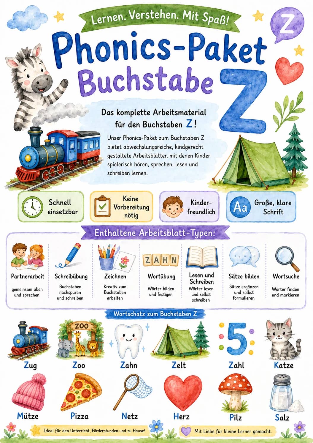 German Letter Z Phonics Worksheets Pack printable worksheet pack preview from KiwiBee
