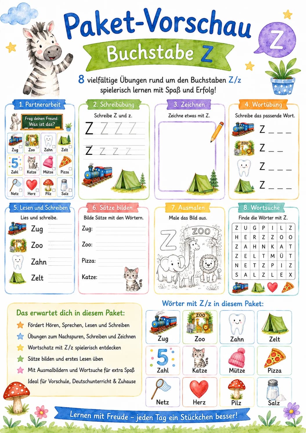 German Letter Z Phonics Worksheets Pack printable worksheet pack preview from KiwiBee