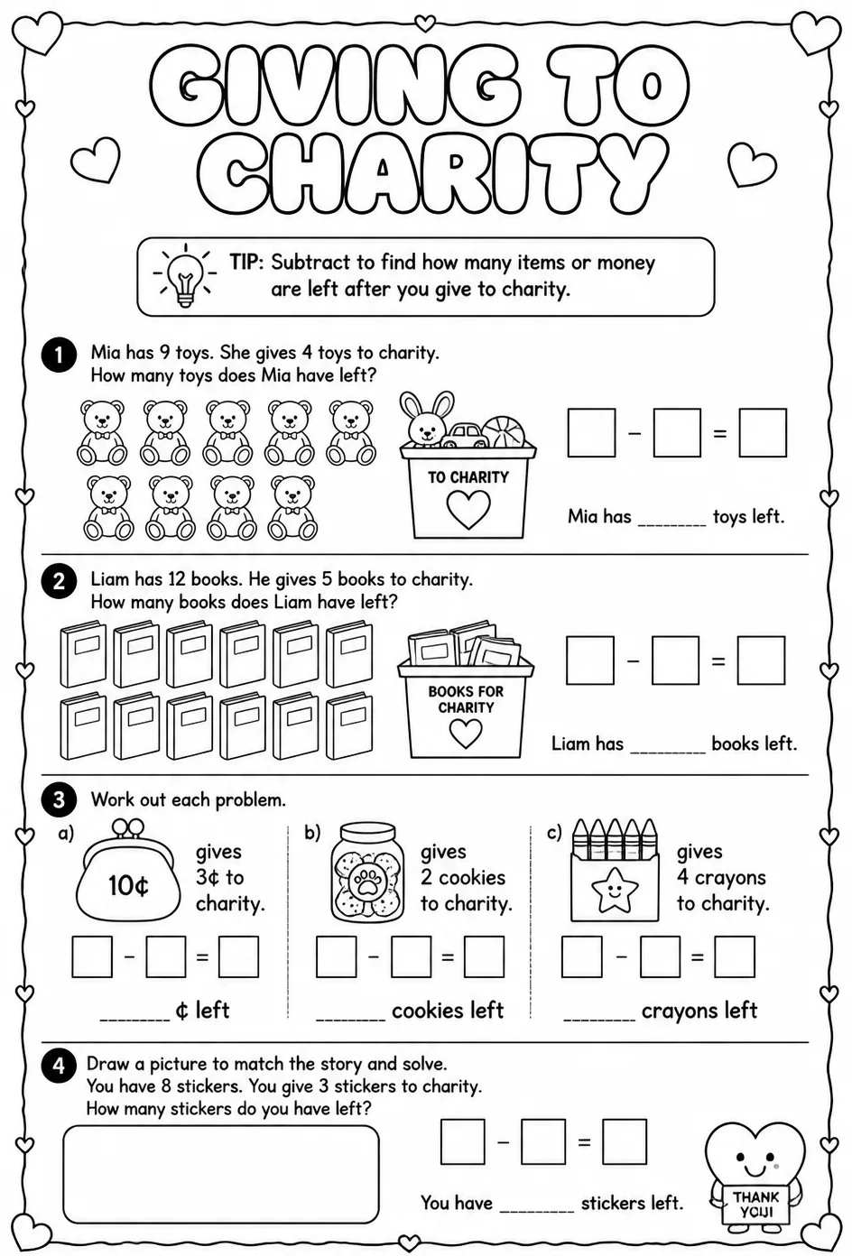 Giving to charity — free printable Grade 1 math worksheet
