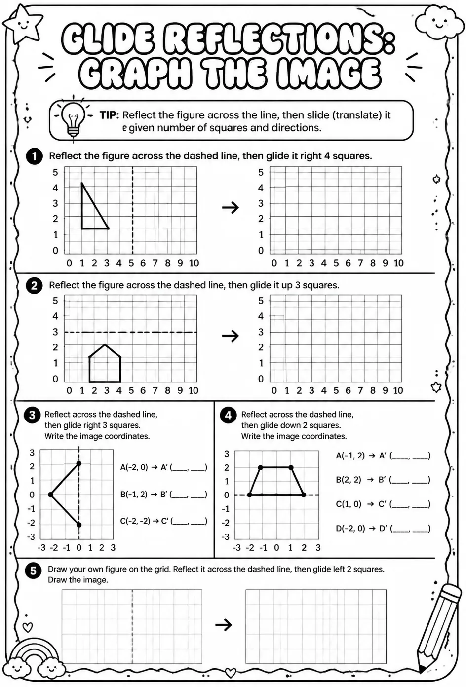 Glide reflections: graph the image — free printable Geometry math worksheet