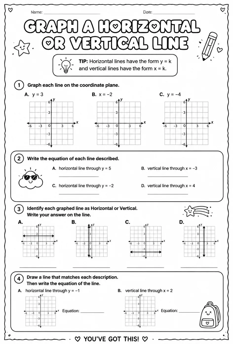 Graph a horizontal or vertical line — free printable Algebra 1 math worksheet