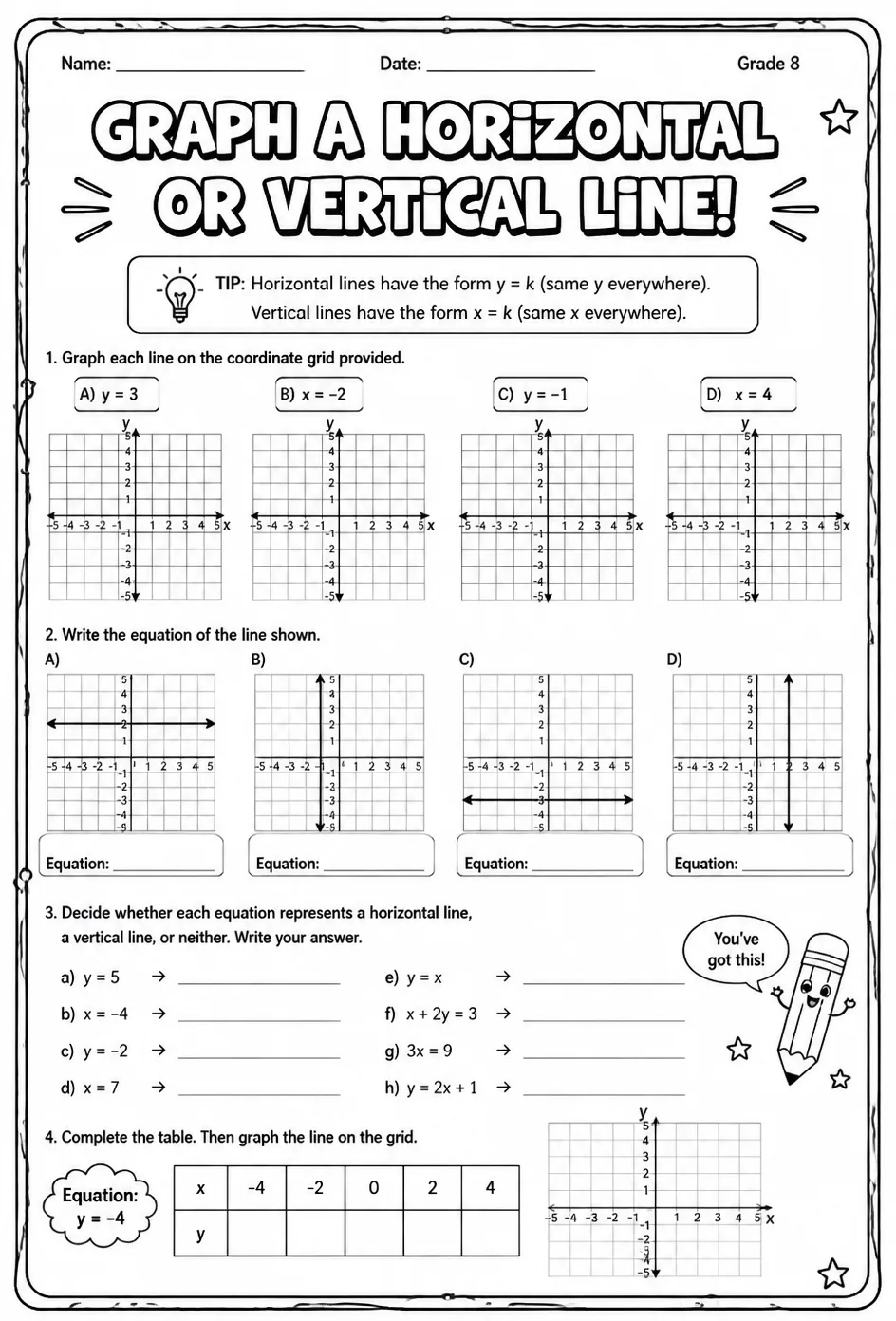 Graph a horizontal or vertical line — free printable Grade 8 math worksheet