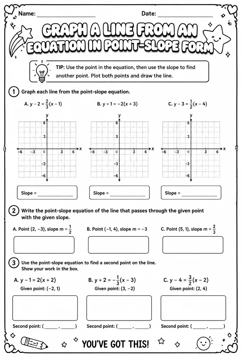 Graph a line from an equation in point-slope form — free printable Grade 8 math worksheet