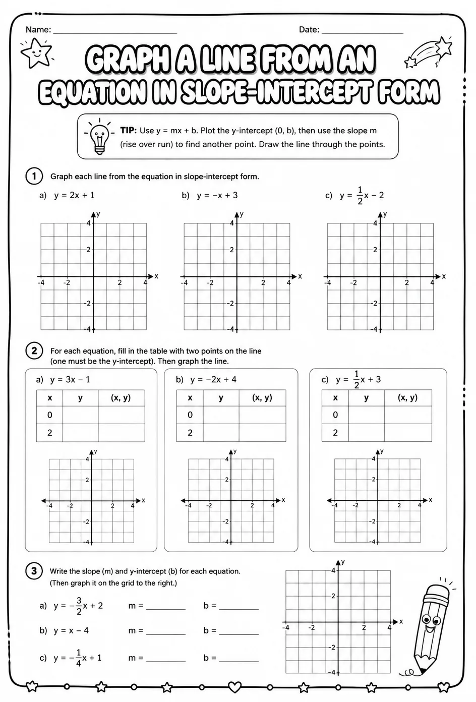 Graph a line from an equation in slope-intercept form — free printable Grade 8 math worksheet