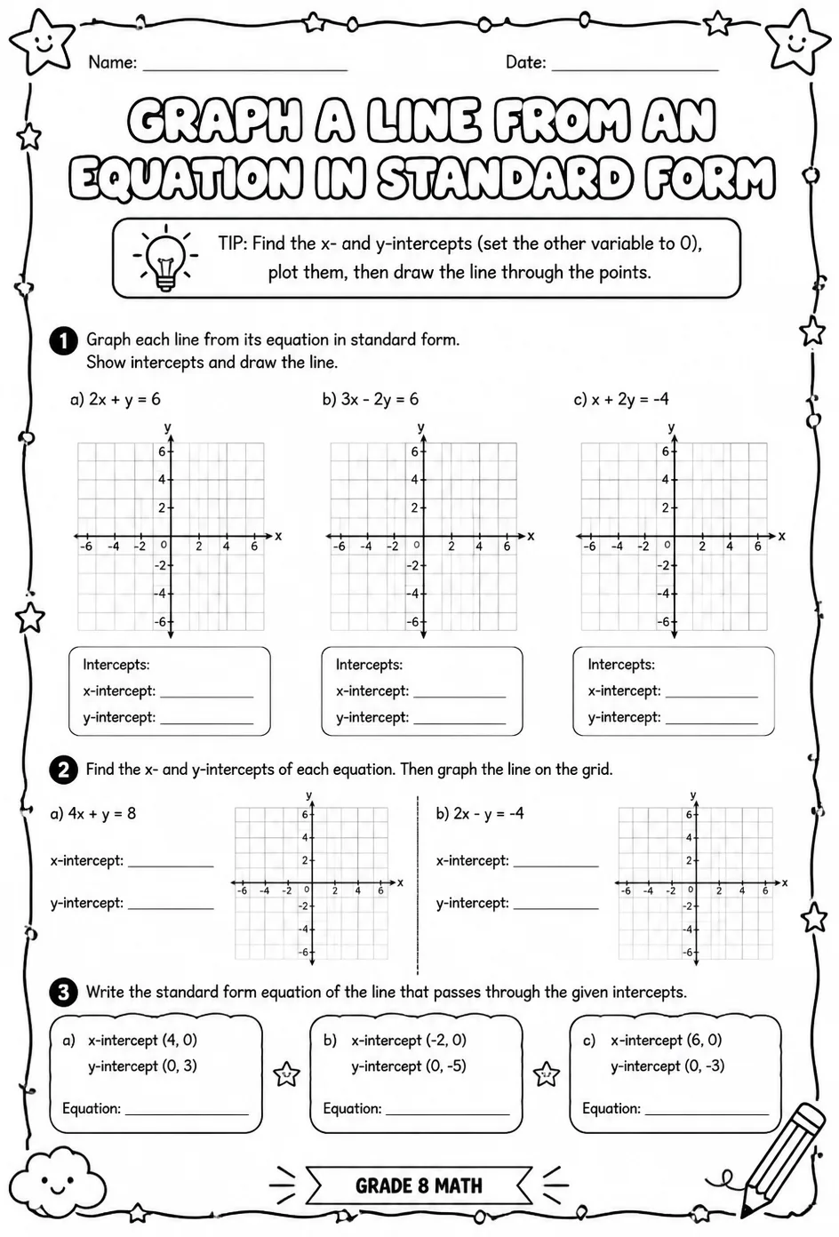 Graph a line from an equation in standard form — free printable Grade 8 math worksheet