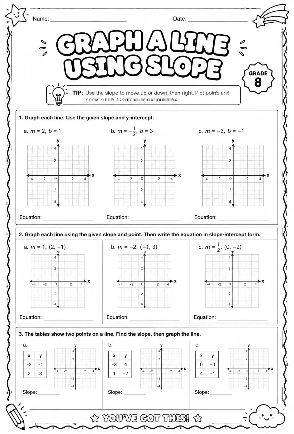 Graph a line using slope — free printable Grade 8 math worksheet