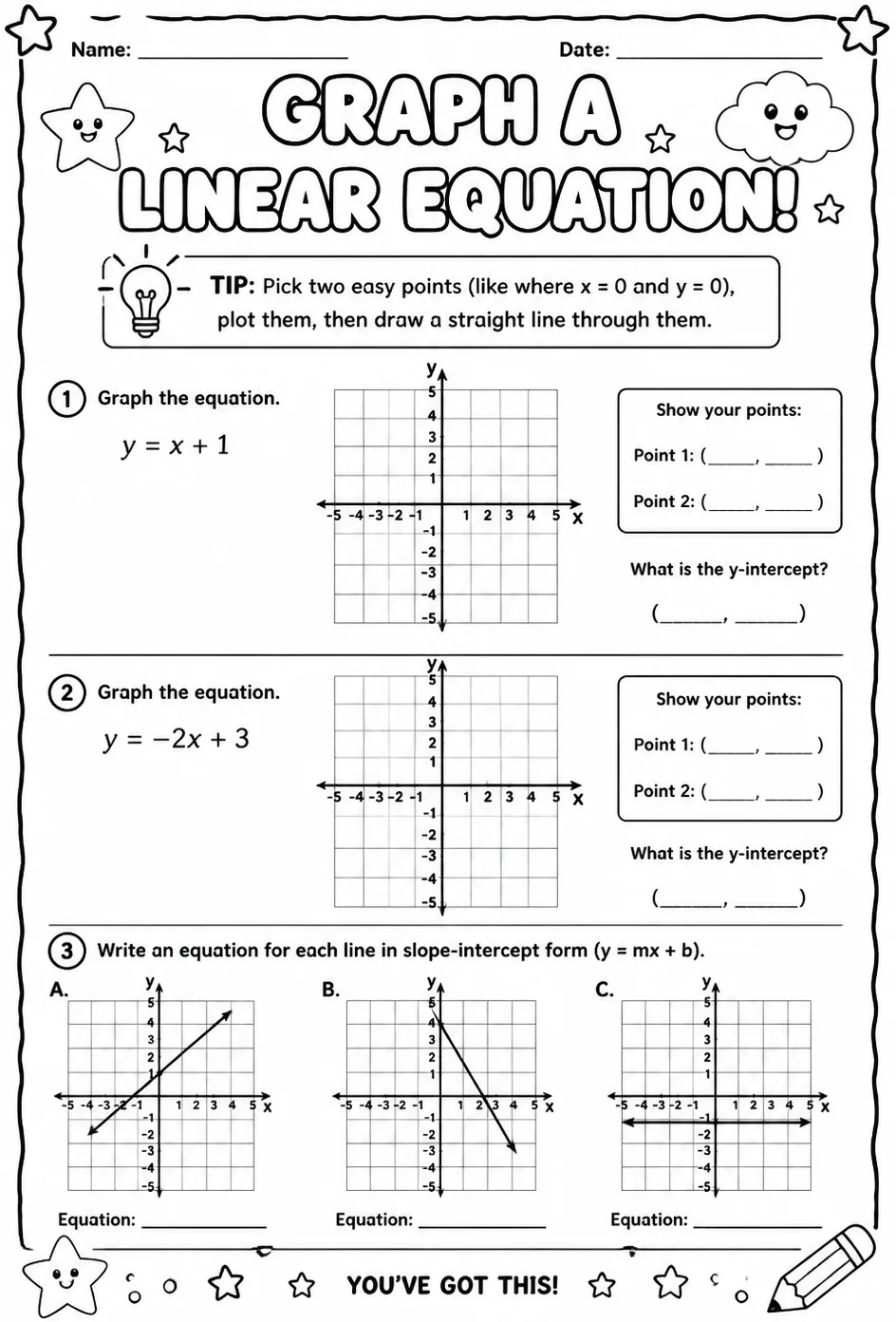 Graph a linear equation — free printable Geometry math worksheet