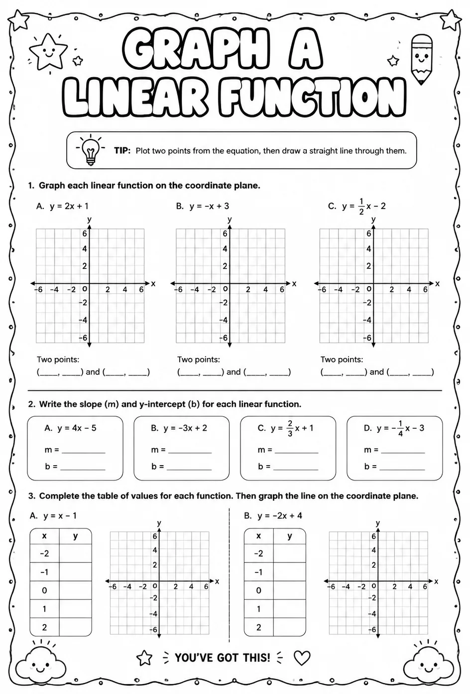 Graph a linear function — free printable Algebra 2 math worksheet