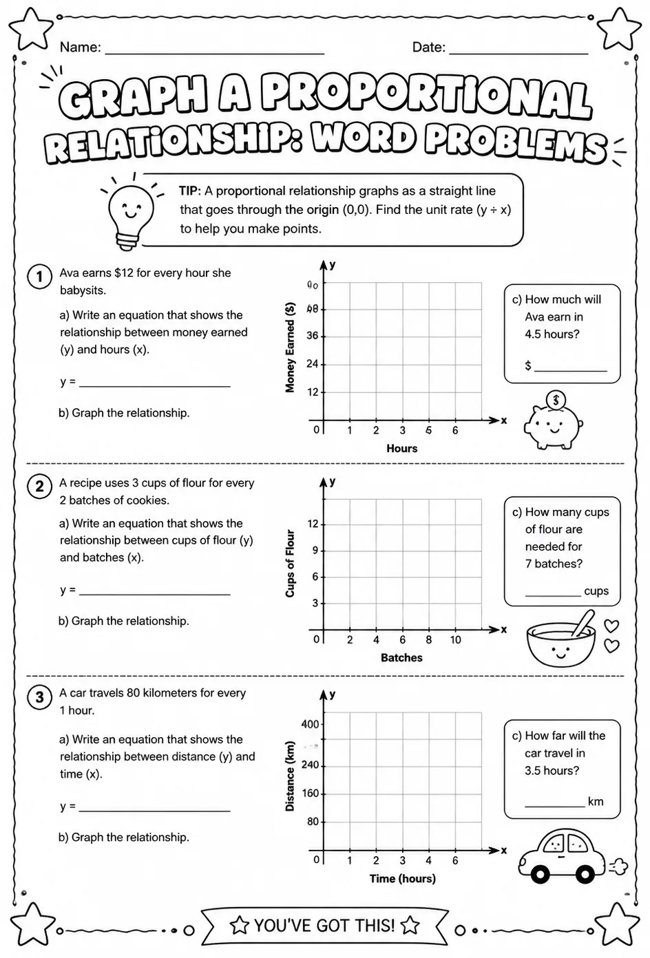 Graph a proportional relationship: word problems — free printable Grade 7 math worksheet