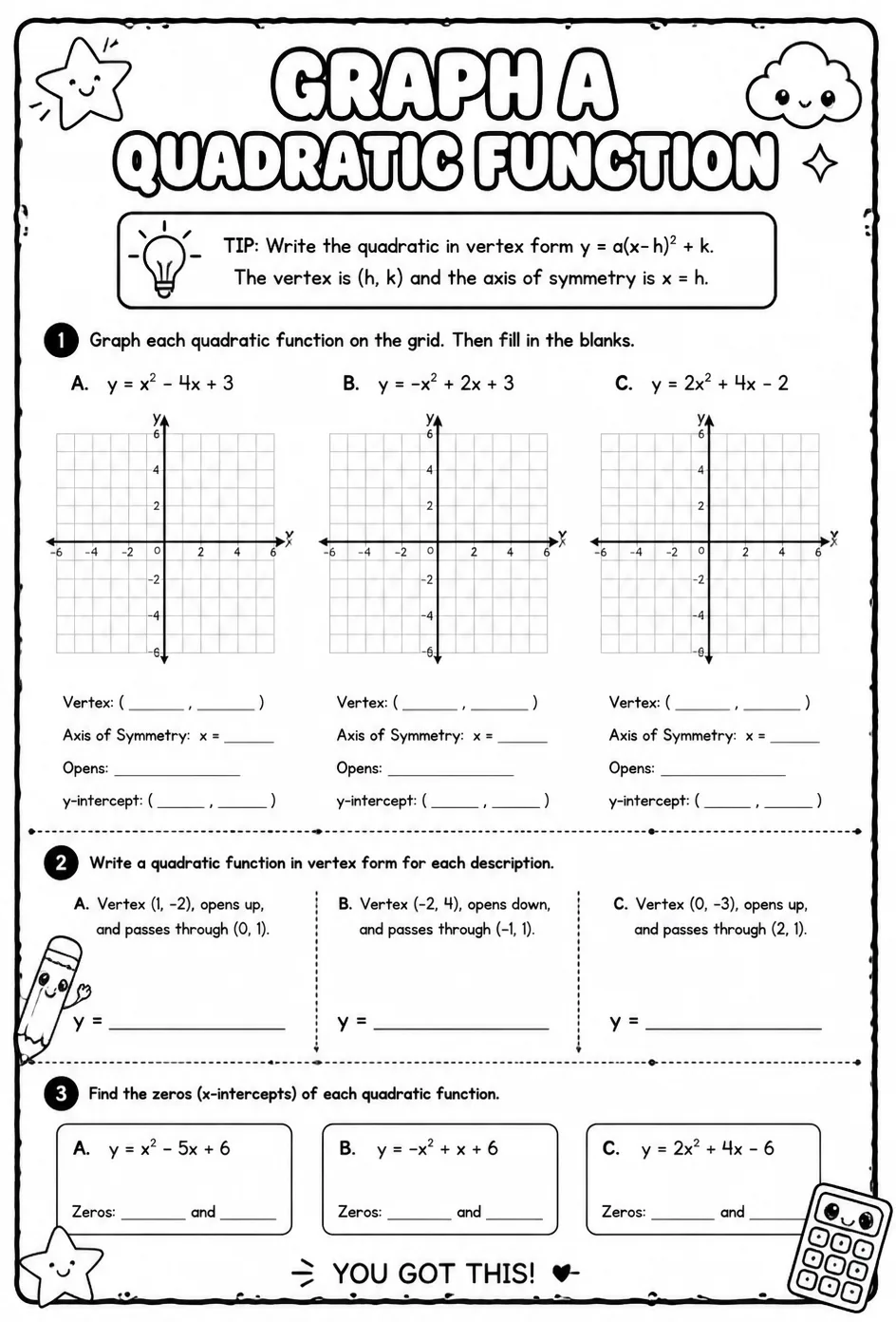 Graph a quadratic function — free printable Algebra 2 math worksheet