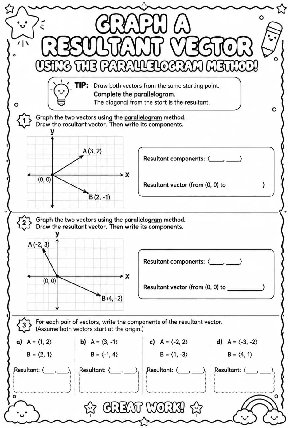 Graph a resultant vector using the parallelogram method — free printable Geometry math worksheet
