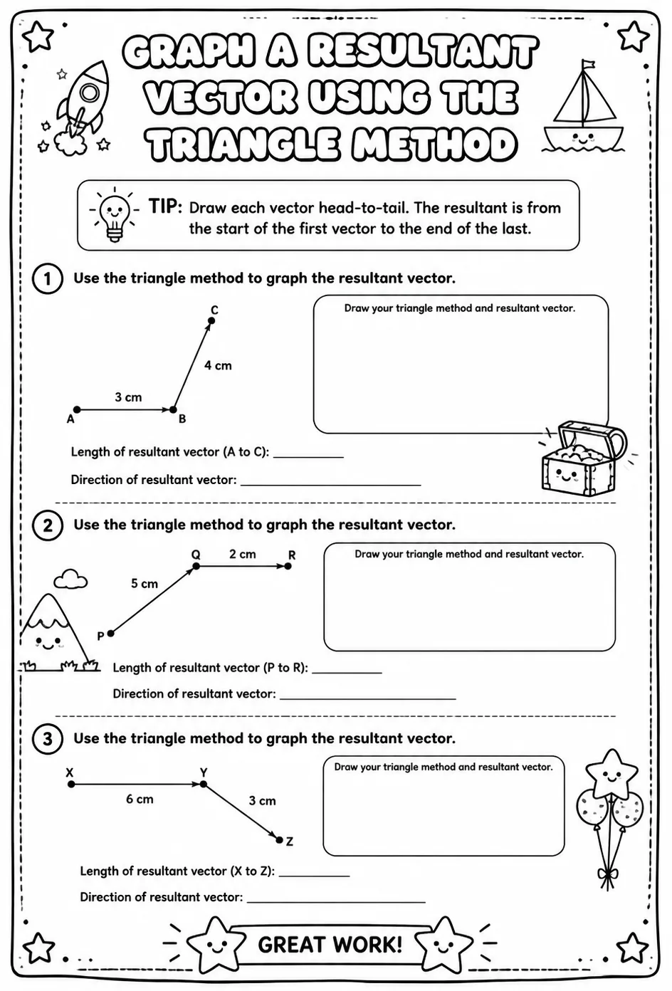 Graph a resultant vector using the triangle method — free printable Geometry math worksheet