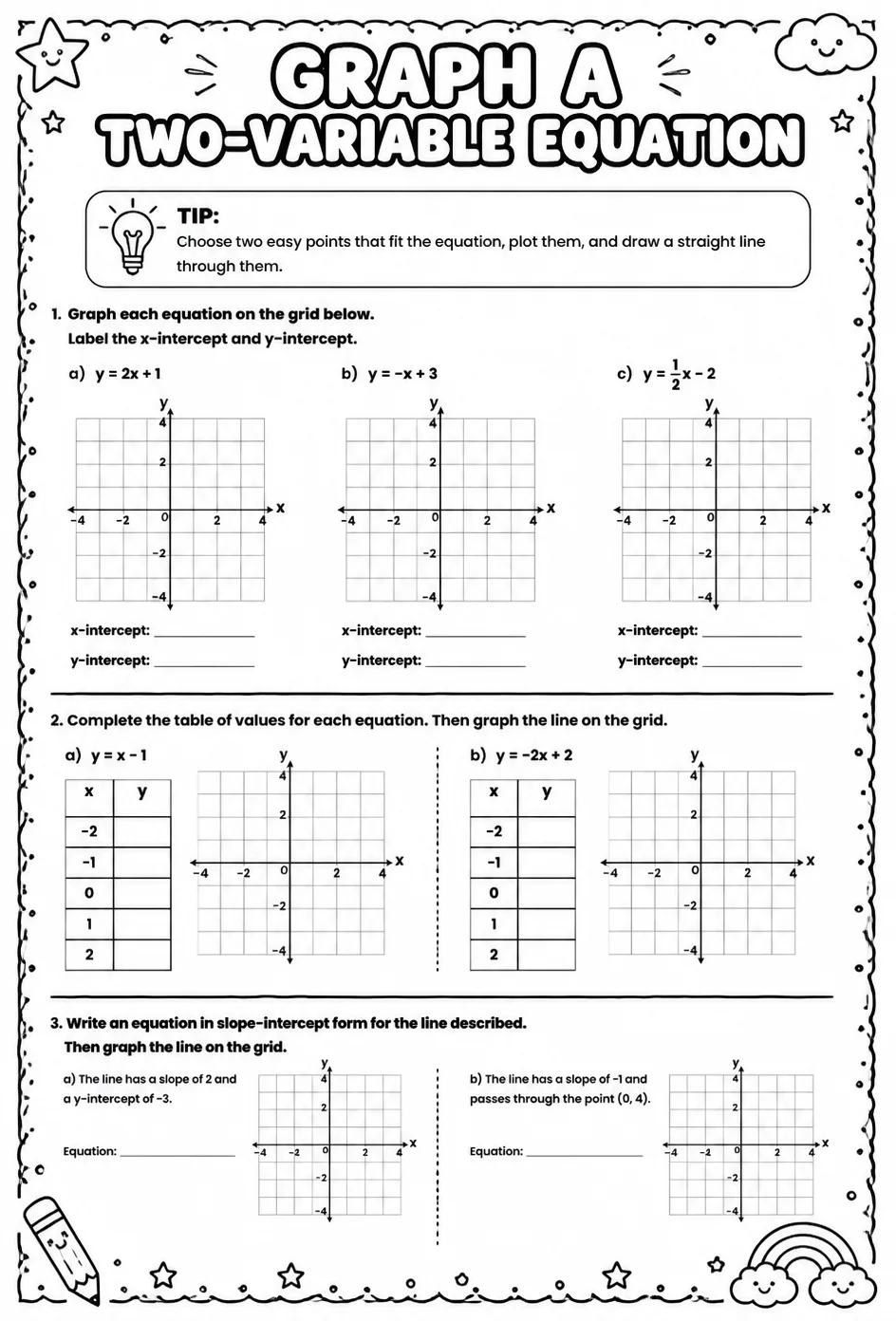 Graph a two-variable equation — free printable Grade 7 math worksheet