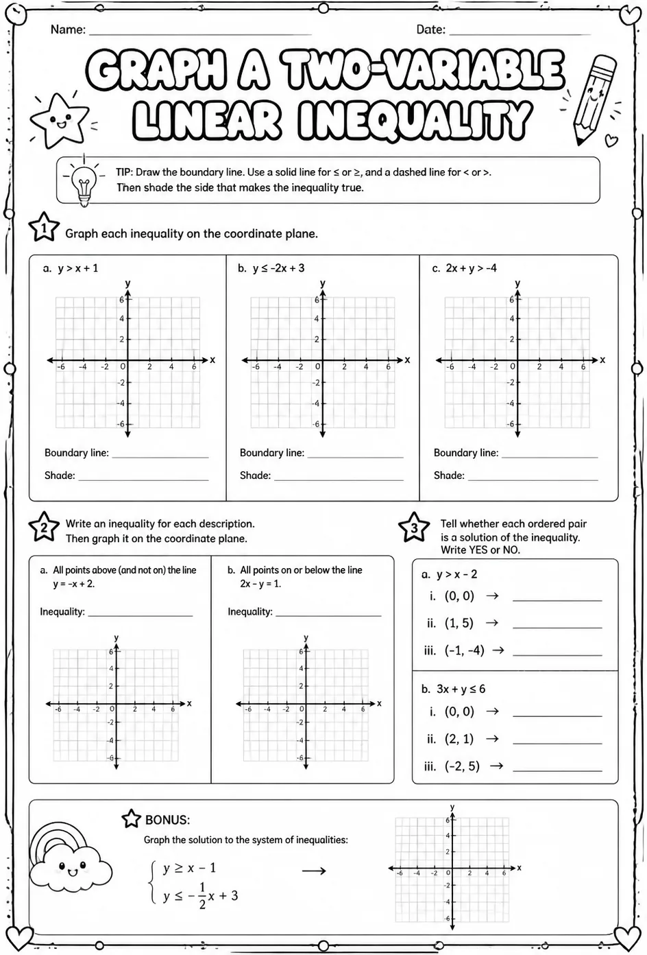 Graph a two-variable linear inequality — free printable Algebra 1 math worksheet