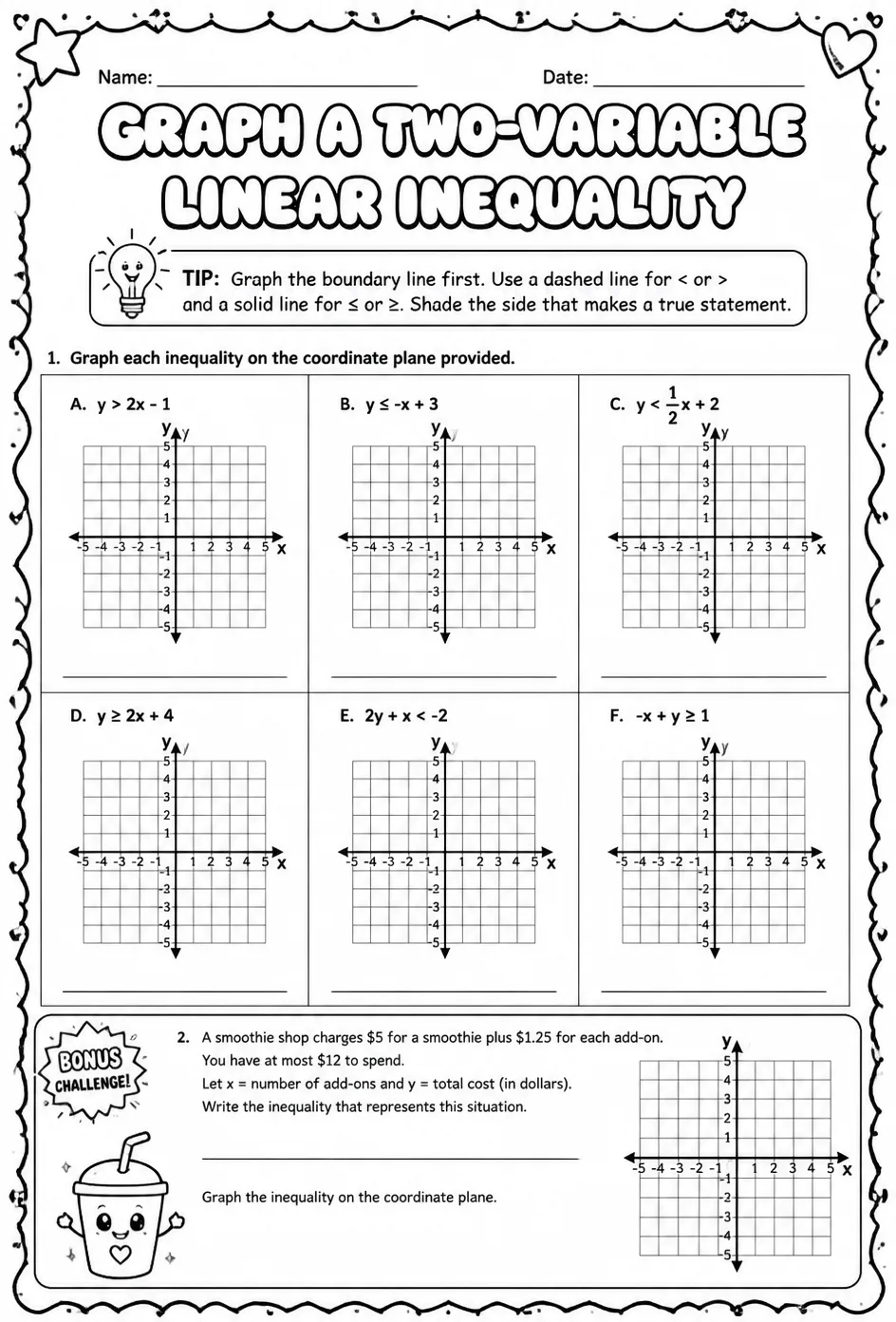 Graph a two-variable linear inequality — free printable Algebra 2 math worksheet