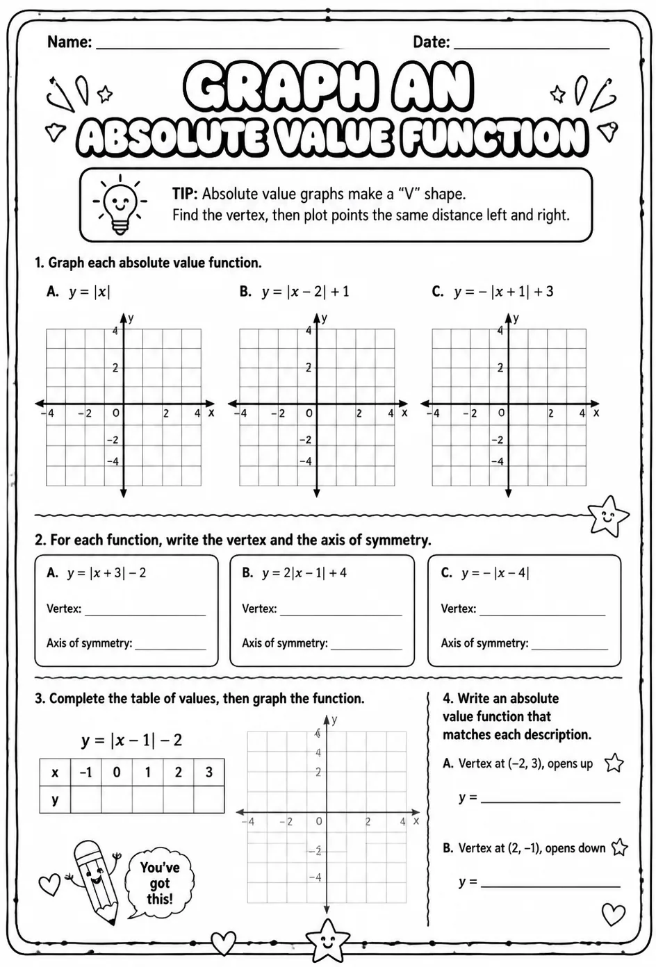 Graph an absolute value function — free printable Algebra 1 math worksheet