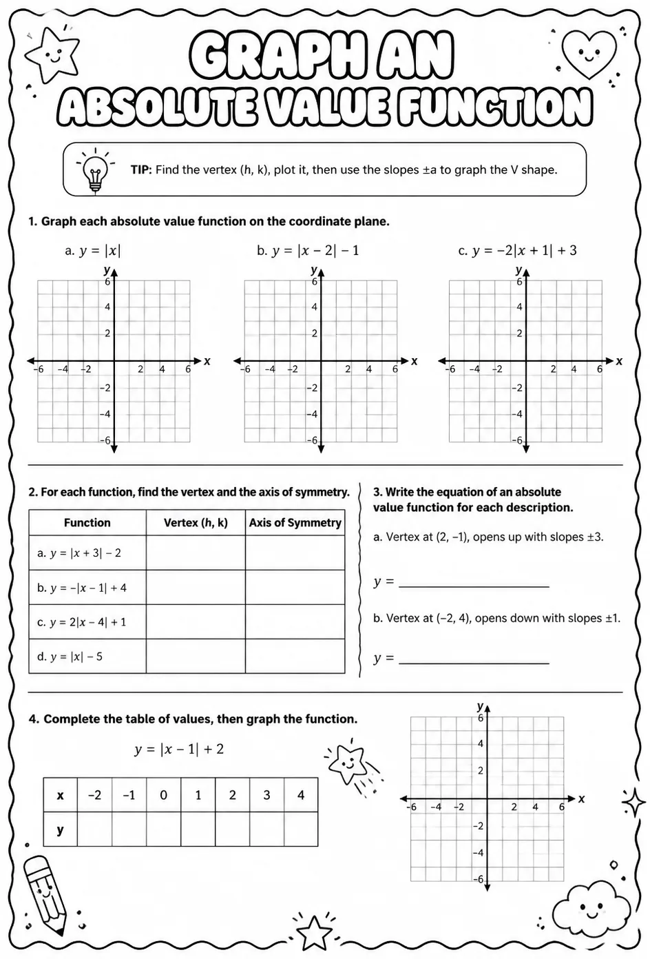 Graph an absolute value function — free printable Algebra 2 math worksheet