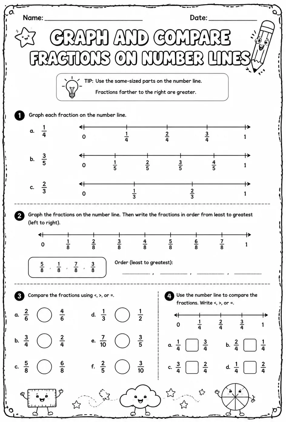 Graph and compare fractions on number lines — free printable Grade 5 math worksheet