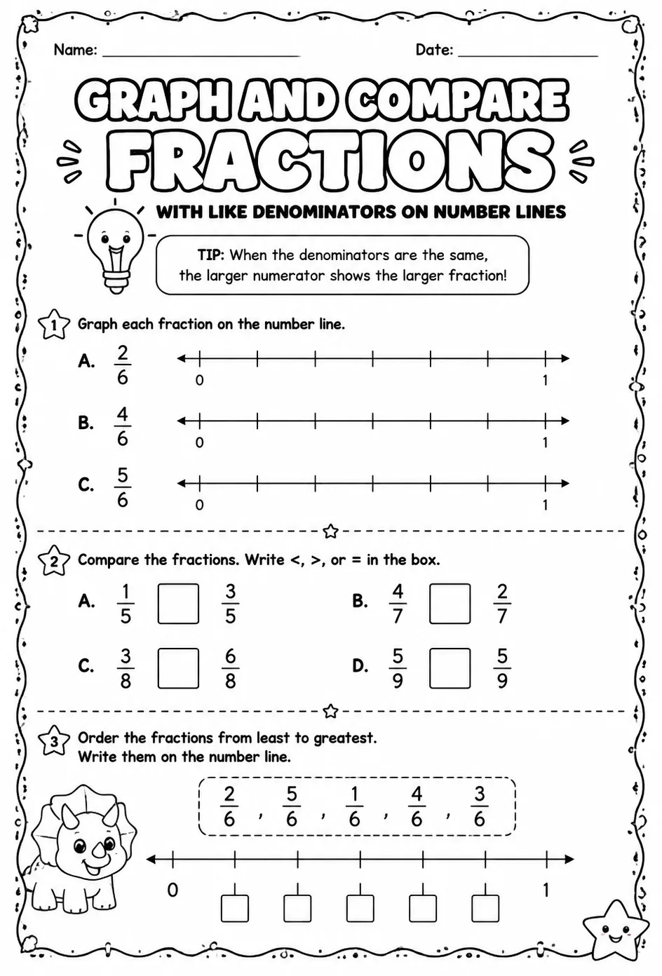 Graph and compare fractions with like denominators on number lines — free printable Grade 3 math worksheet