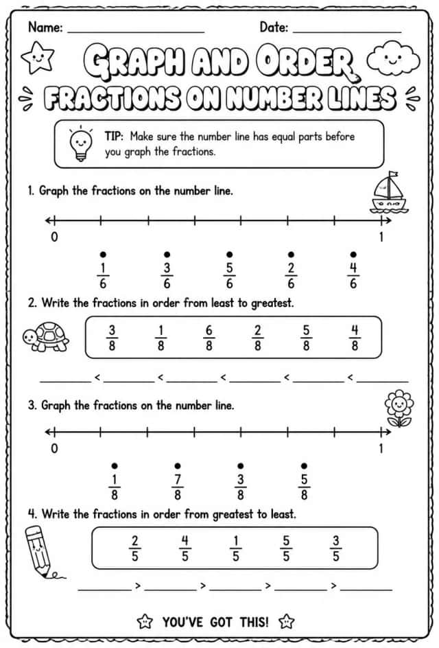 Graph and order fractions on number lines