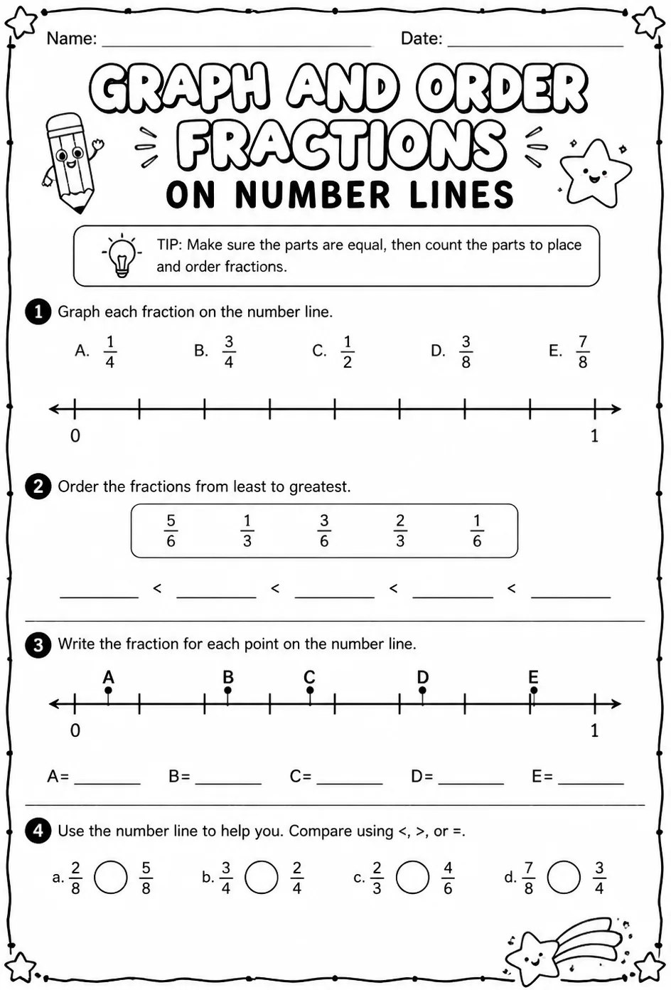 Graph and order fractions on number lines — free printable Grade 4 math worksheet