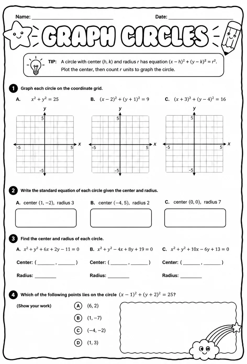 Graph circles — free printable Algebra 2 math worksheet