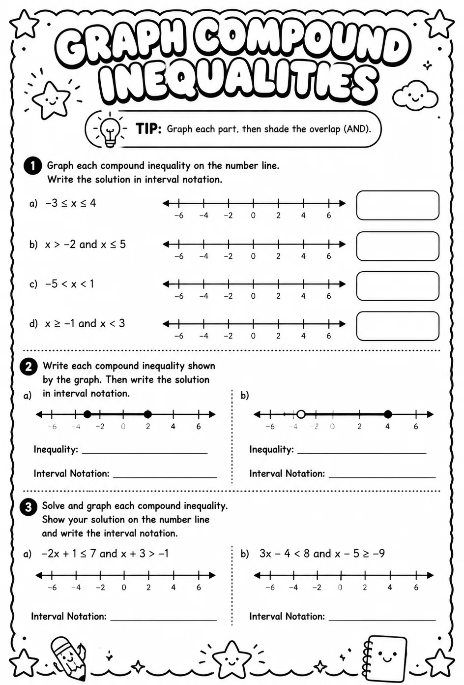 Graph compound inequalities — free printable Algebra 1 math worksheet
