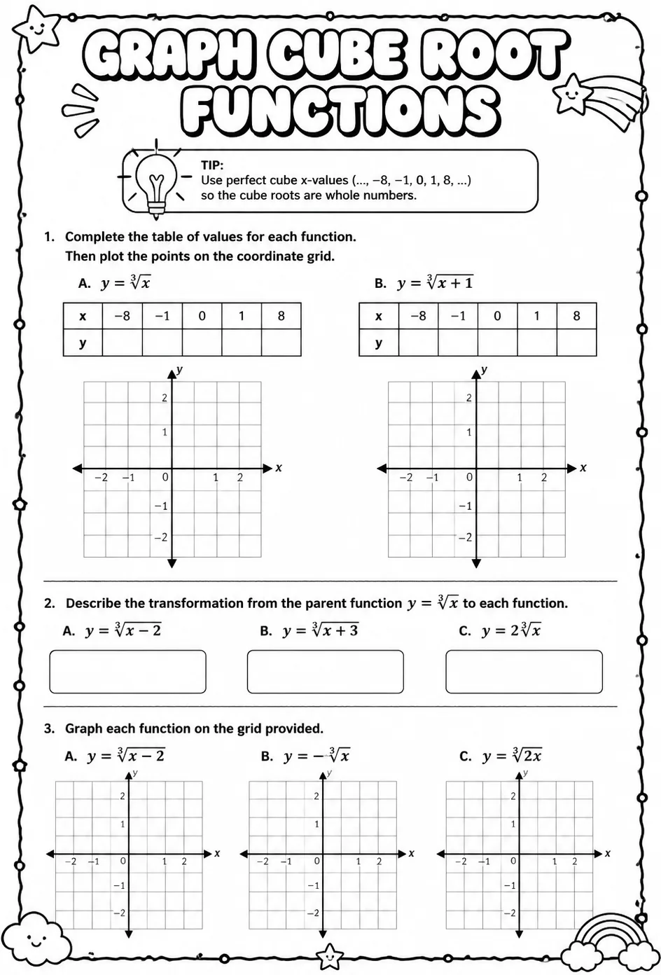Graph cube root functions — free printable Algebra 1 math worksheet