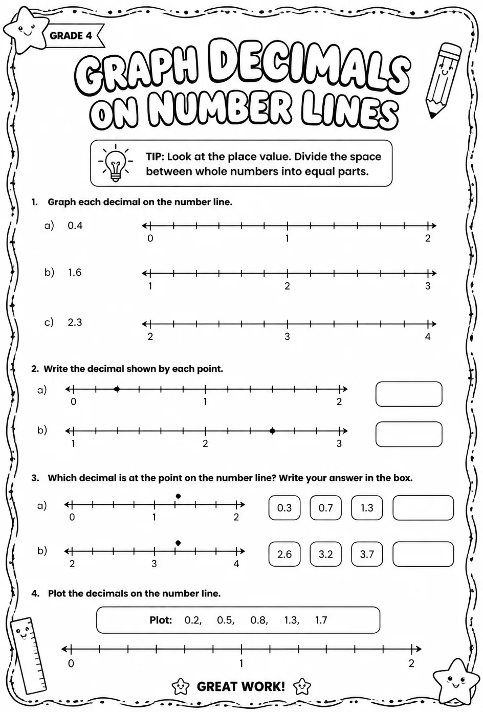 Graph decimals on number lines — free printable Grade 4 math worksheet