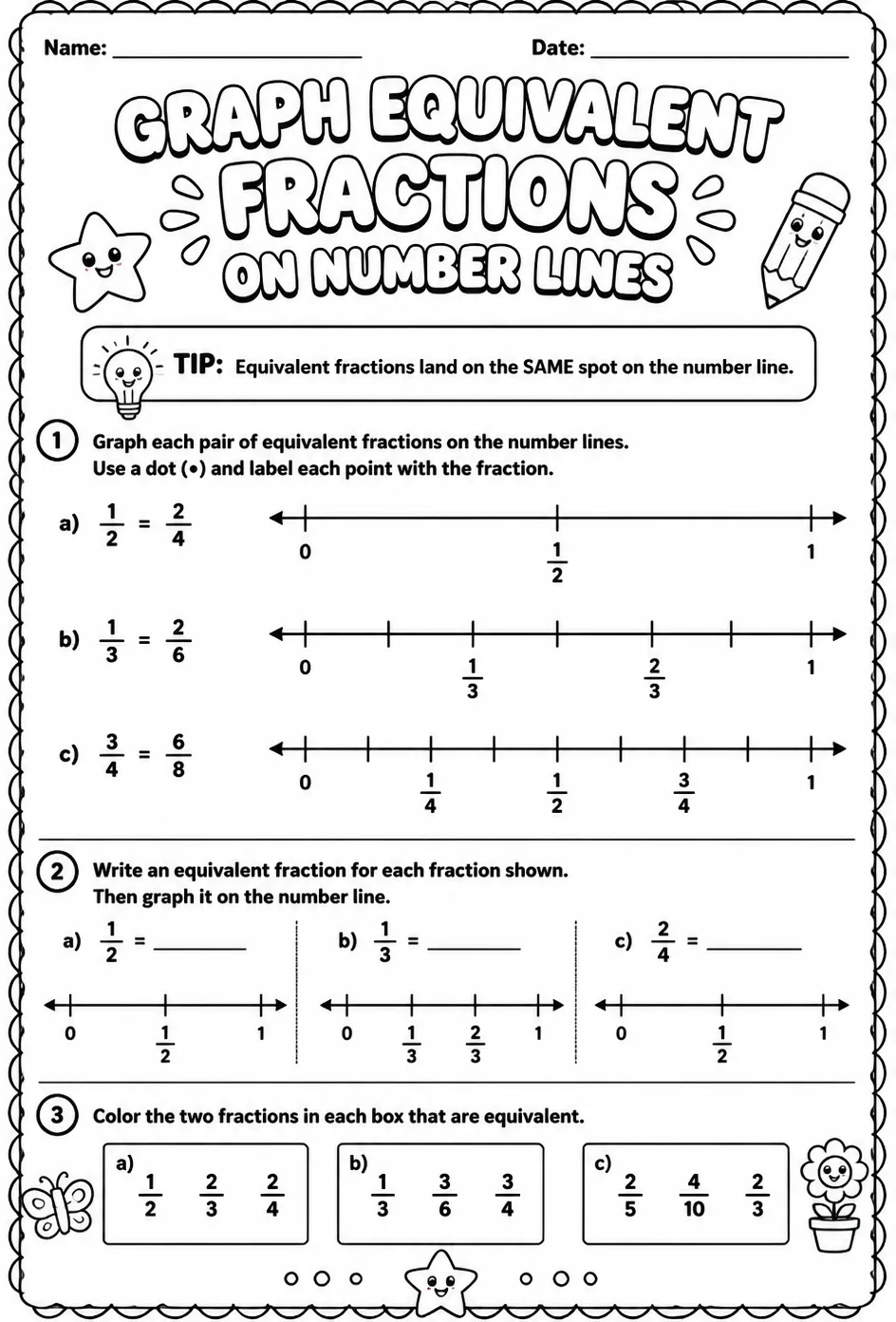 Graph equivalent fractions on number lines — free printable Grade 3 math worksheet