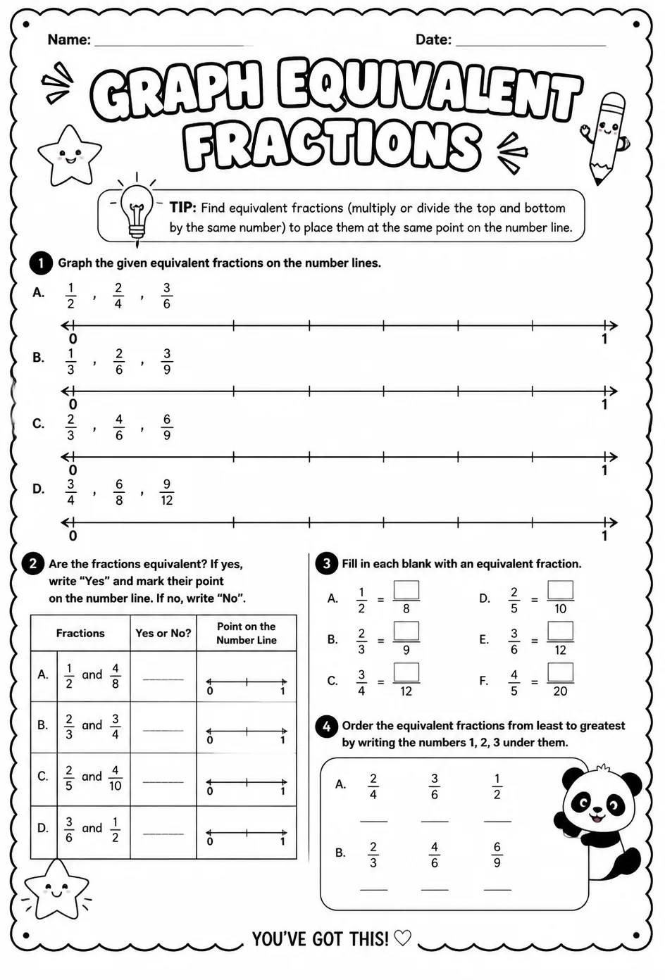 Graph equivalent fractions on number lines — free printable Grade 4 math worksheet