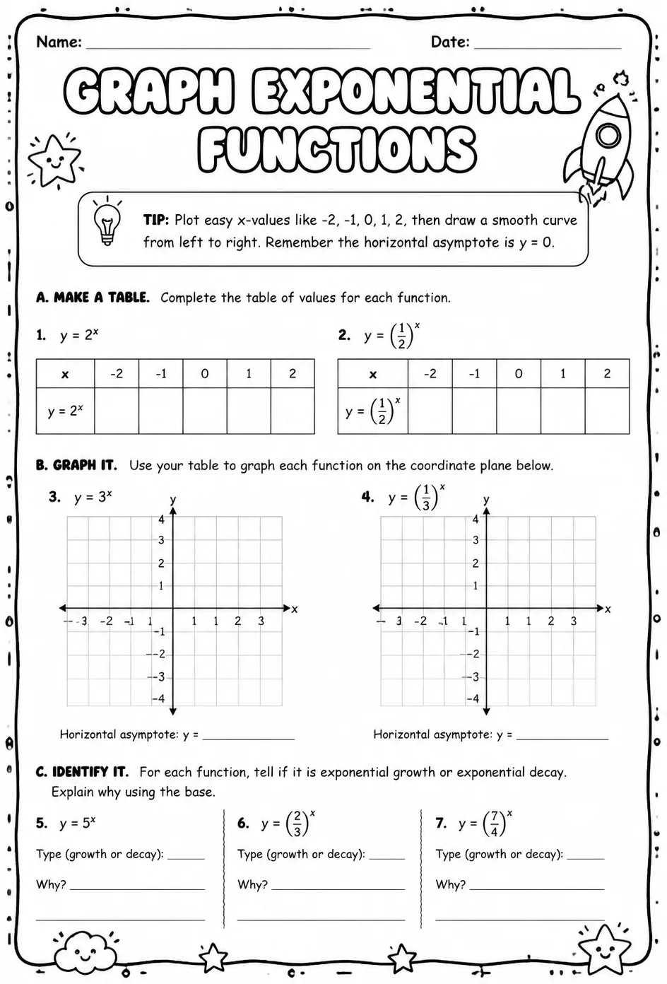 Graph exponential functions — free printable Algebra 1 math worksheet