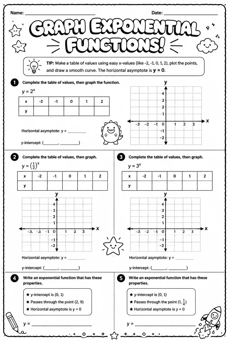 Graph exponential functions — free printable Algebra 2 math worksheet
